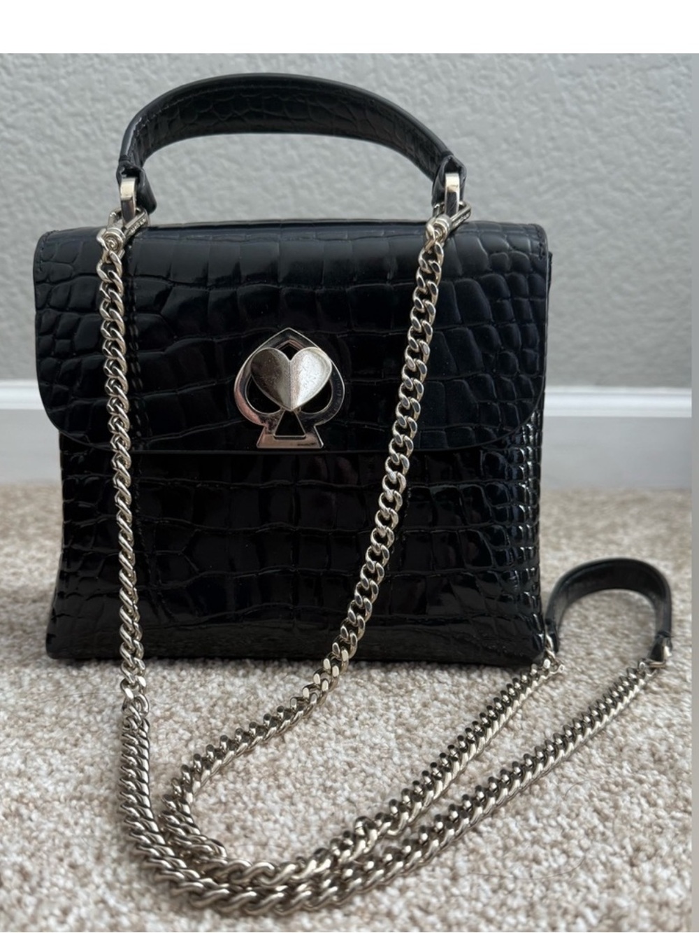 kate spade Black Croc-Embossed Mini Top-Handle Bag with Silver Chain